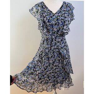 Tommy Hilfiger Ditsy Floral Ruffle Dress 8P Blue Chiffon Cottagecore Fairycore